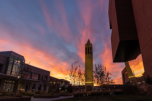 Sunset view of the UNO Dodge campus campanile